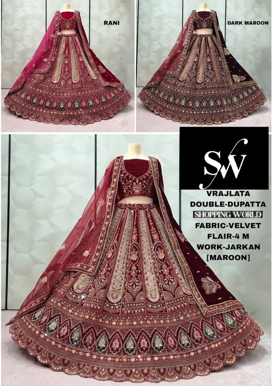 Pleasing Dark Maroon Rani pink maroon Double Duptta Velvet Bridal Lehenga