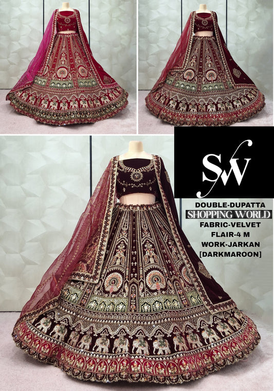 Lavishing Dark Maroon Rani pink maroon Double Duptta Velvet Bridal Lehenga