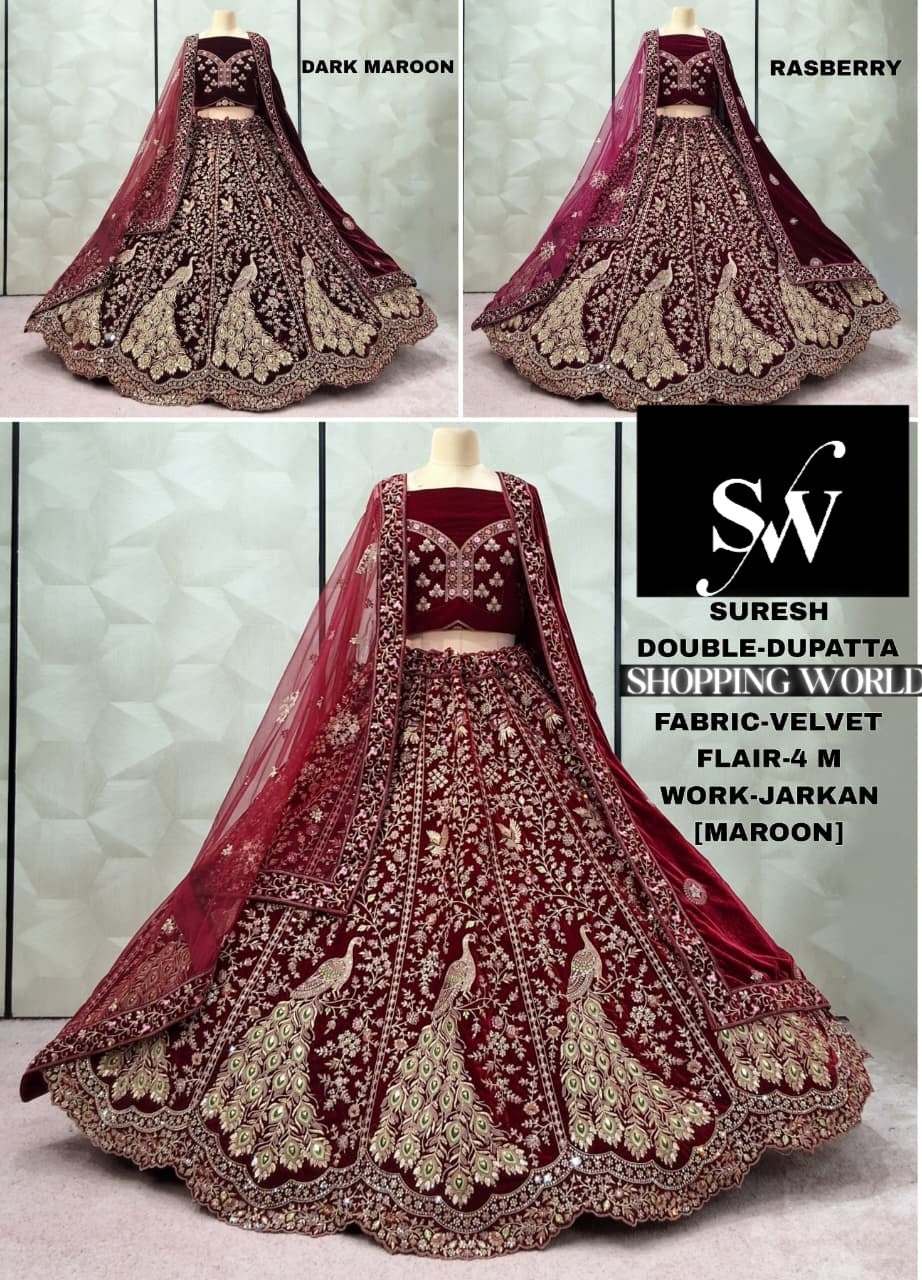 Embellished Maroon Raspberry Dark maroon Peacock Double Duptta Velvet Bridal Lehenga