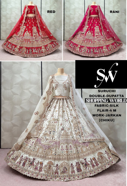 Lovely Red Rani pink White peacock Double Duptta Silk Bridal Lehenga