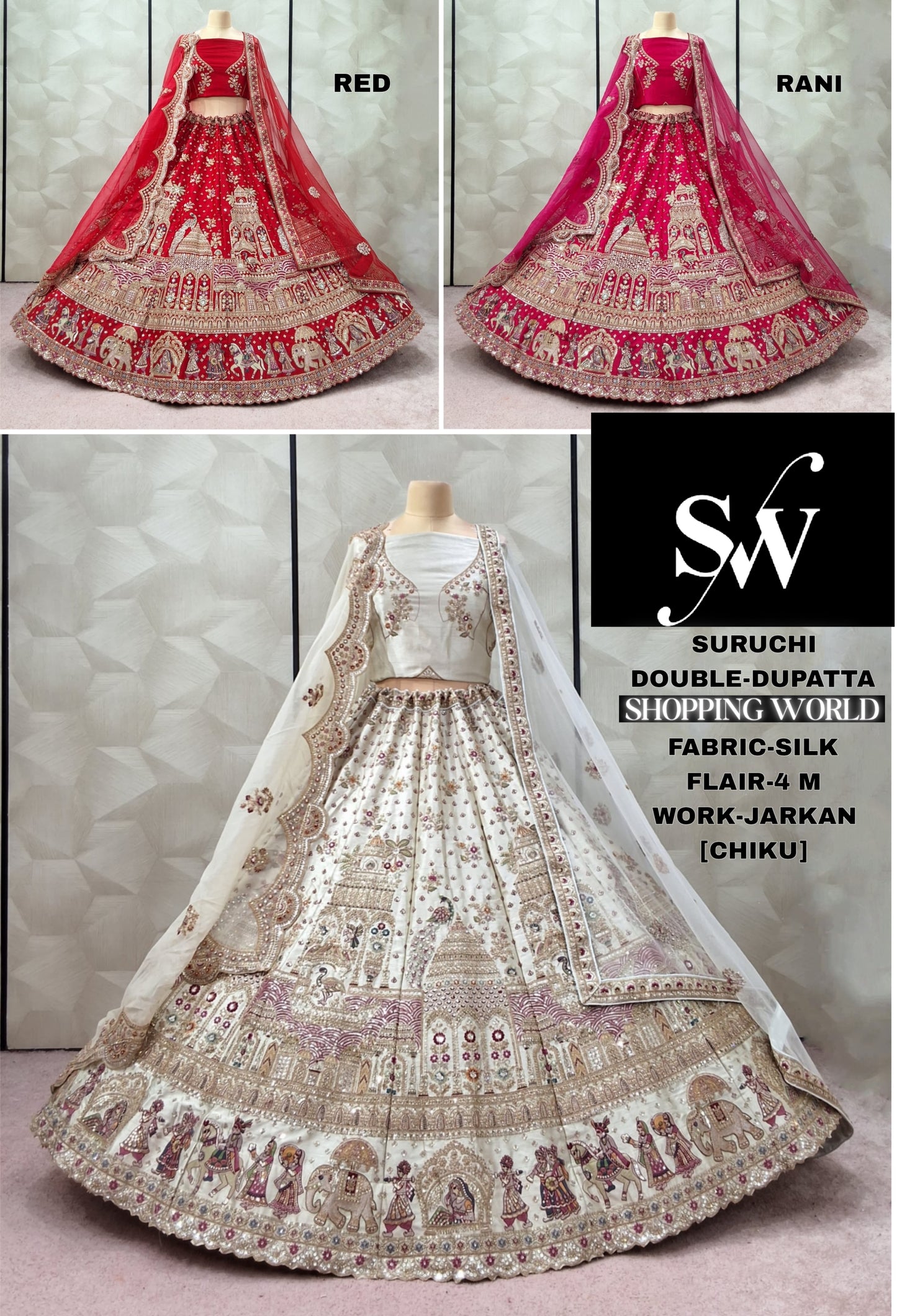 Lovely Red Rani pink White peacock Double Duptta Silk Bridal Lehenga