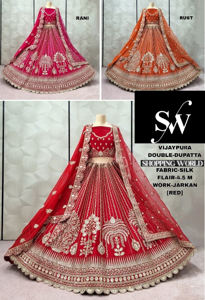 Pretty Red Rani pink Rust orange Double Duptta Silk Bridal Lehenga