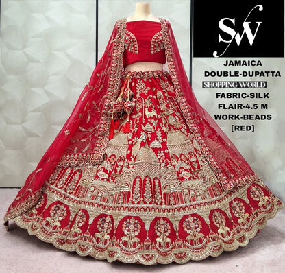 Attractive Red peacock Double Duptta Silk Bridal Lehenga
