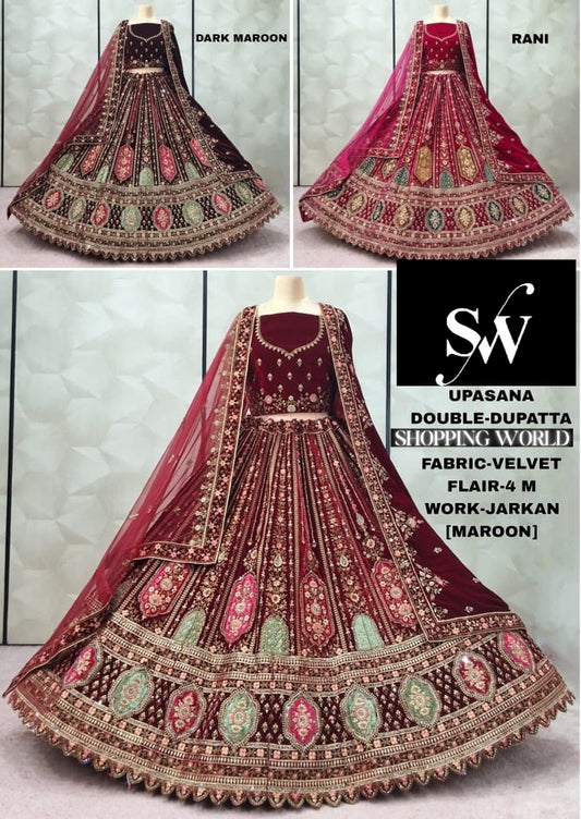 Fantastic Maroon Rani pink Dark maroon Double Duptta Velvet Bridal Lehenga