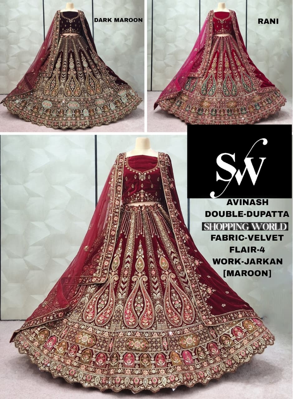 Awesome Maroon Rani pink Dark maroon Peacock Double Duptta Velvet Bridal Lehenga