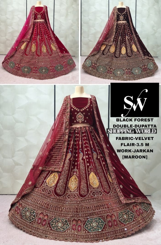 Amazing Maroon Rani pink Dark maroon Peacock Double Duptta Velvet Bridal Lehenga