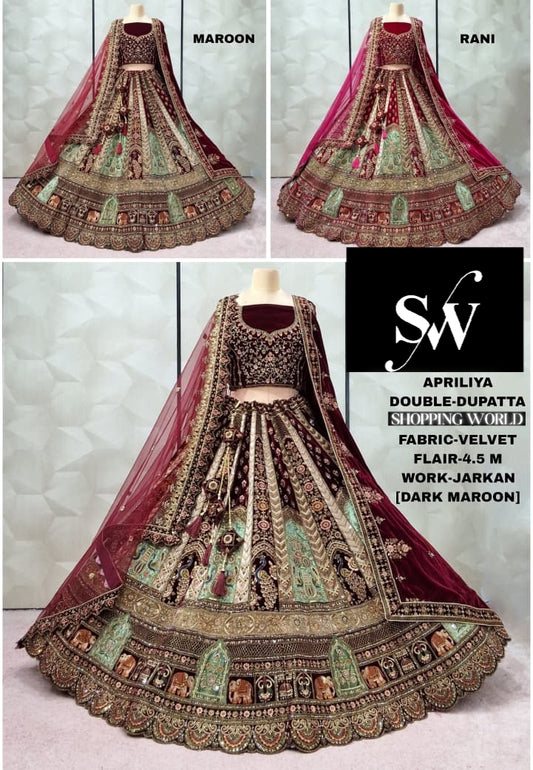 Engaging Maroon Rani pink Dark maroon Peacock Double Duptta Velvet Bridal Lehenga