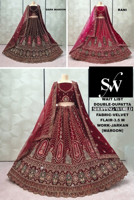 Elegant Maroon Rani pink Dark maroon Peacock Double Duptta Velvet Bridal Lehenga