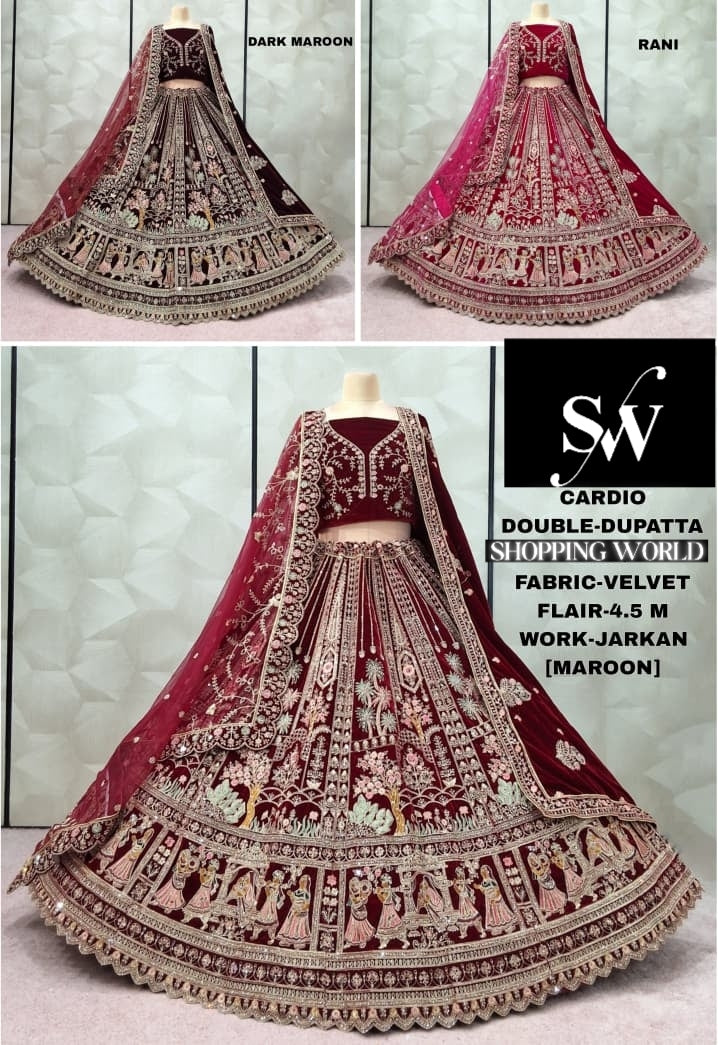 Delightful Maroon Rani pink Dark maroon Peacock Double Duptta Velvet Bridal Lehenga