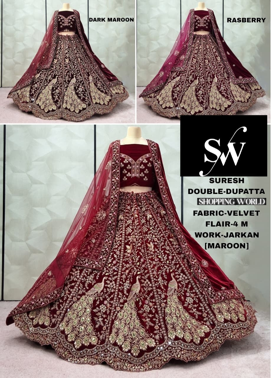 Embellished Maroon Raspberry Dark maroon Peacock Double Duptta Velvet Bridal Lehenga