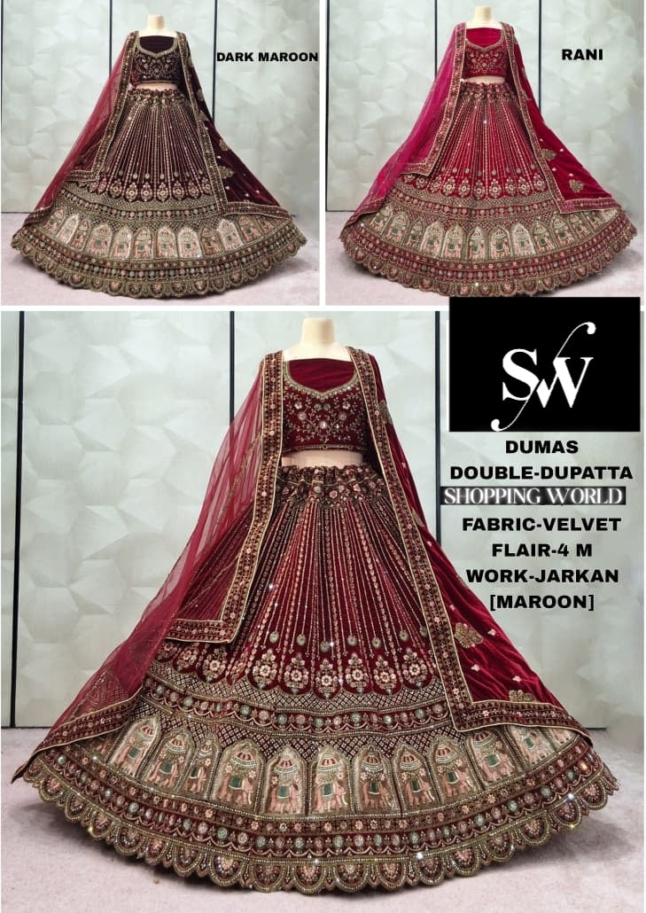 Something different Maroon Rani pink Dark maroon Double Duptta Velvet Bridal Lehenga