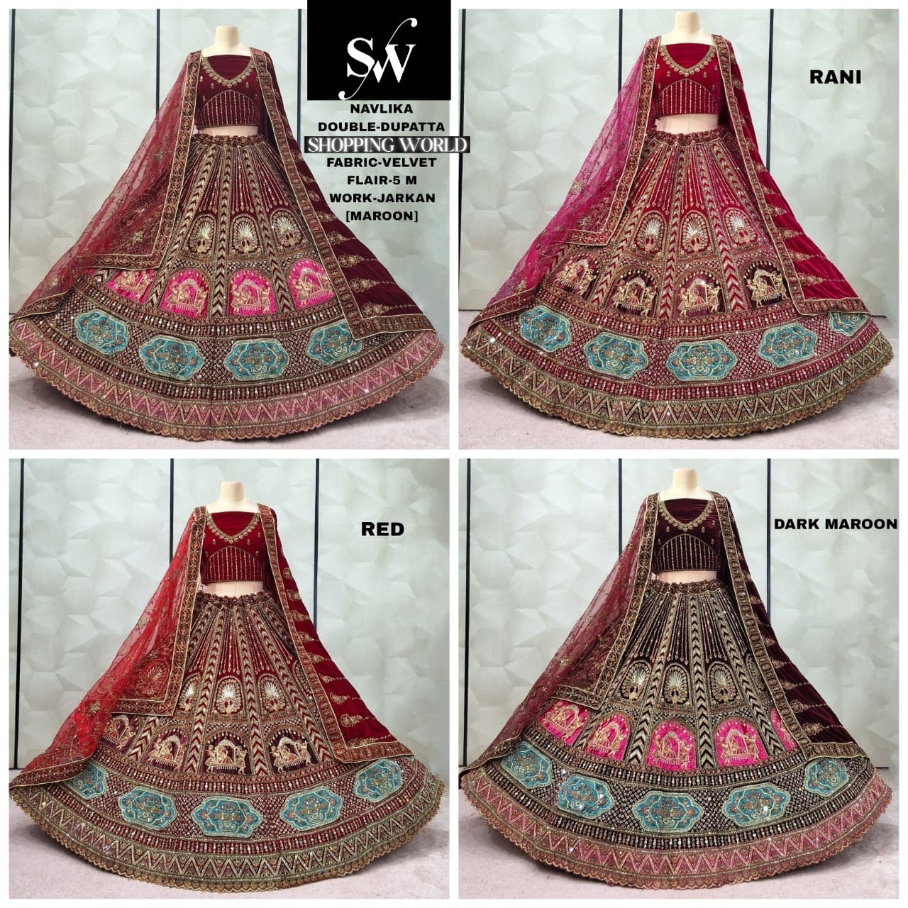 Charming maroon Rani pink Red Dark maroon Double Duptta Velvet Bridal Lehenga