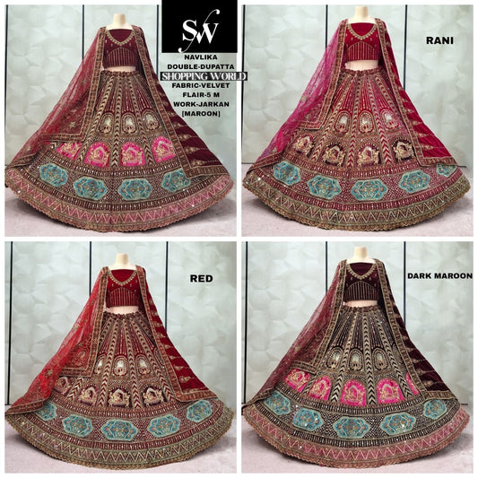 Charming maroon Rani pink Red Dark maroon Double Duptta Velvet Bridal Lehenga