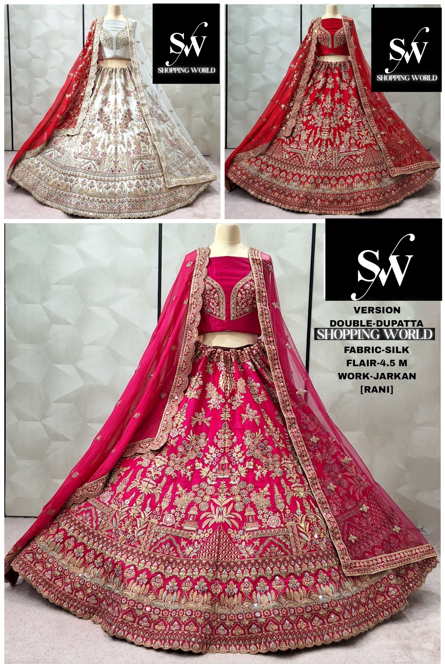 Astonishing Rani pink Red White Double Duptta Silk Bridal Lehenga