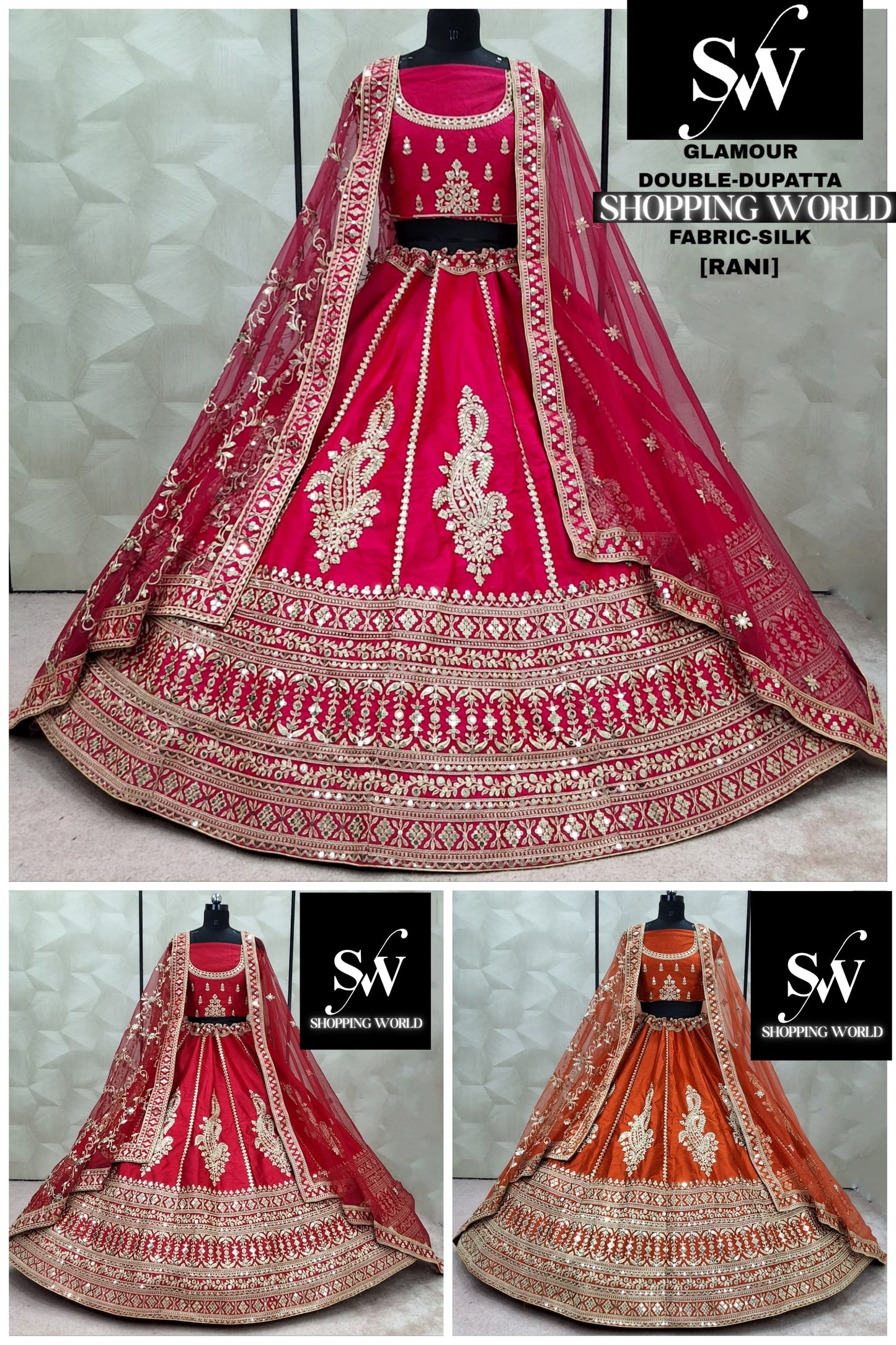 Fabulous Rani pink Red Rust orange Peacock Double Duptta Silk Bridal Lehenga