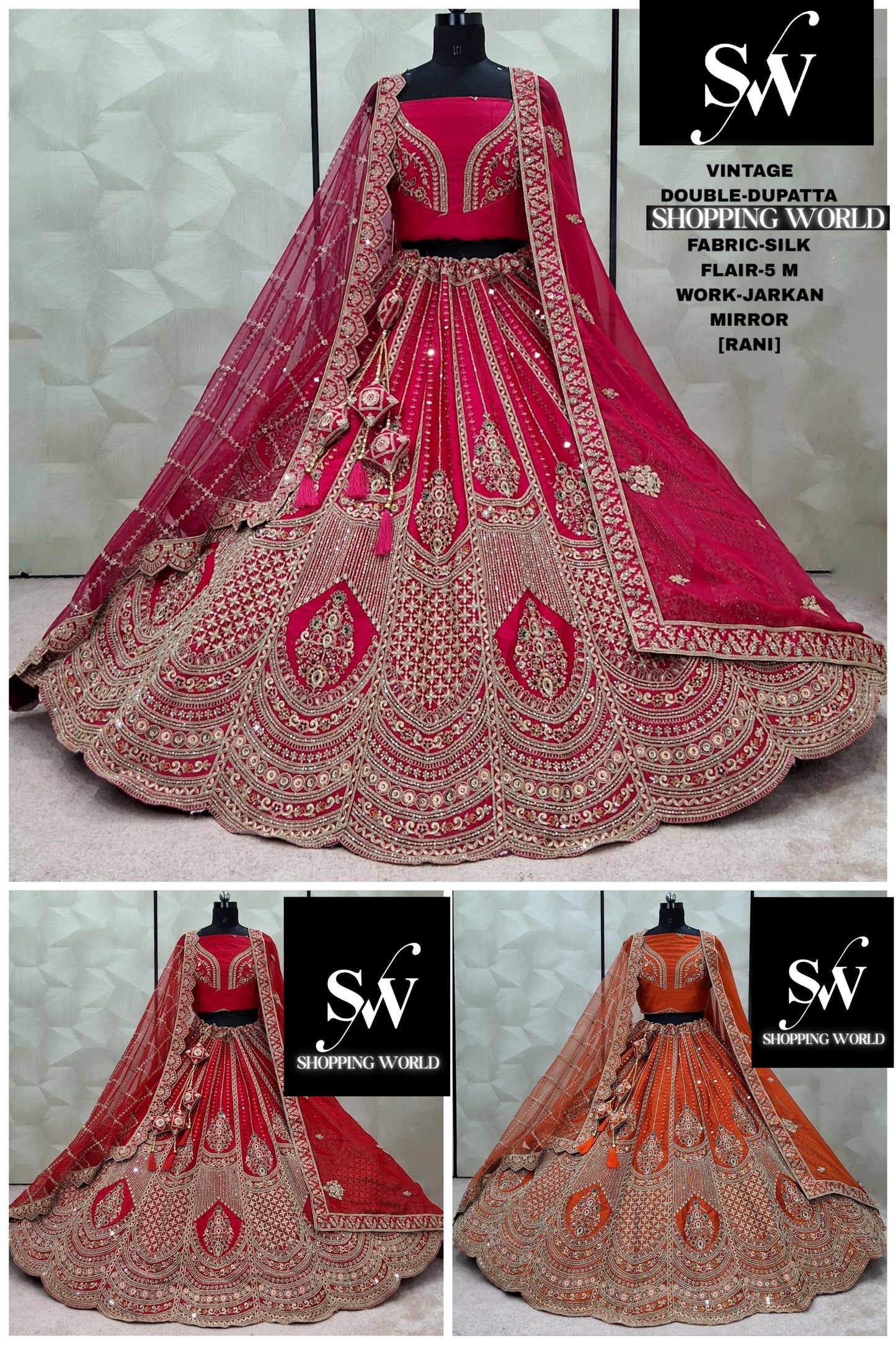 Awesome Red Rani pink Rust orange Double Duptta Silk Bridal Lehenga