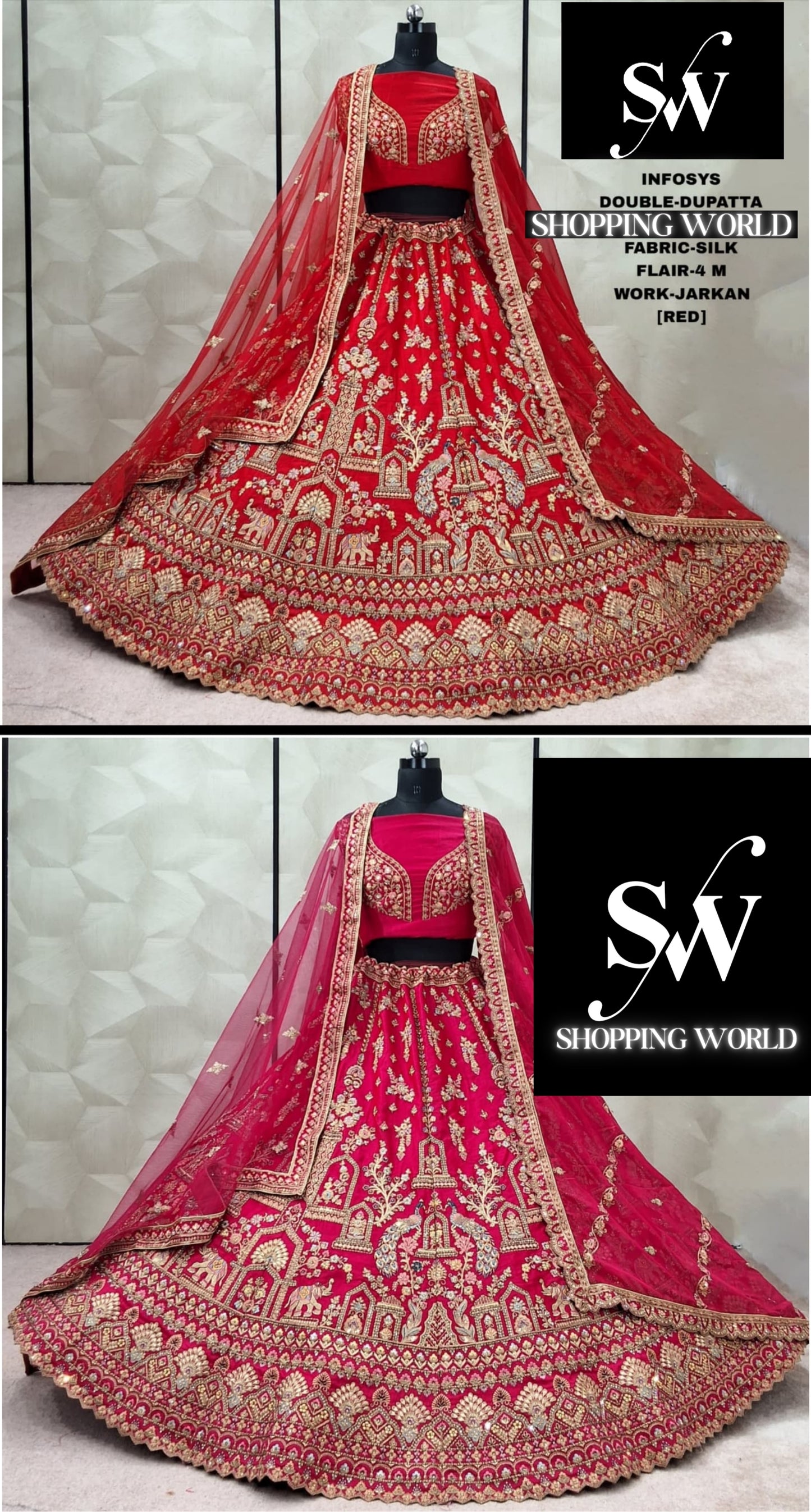 Elegant Red Rani pink peacock Double Duptta Silk Bridal Lehenga