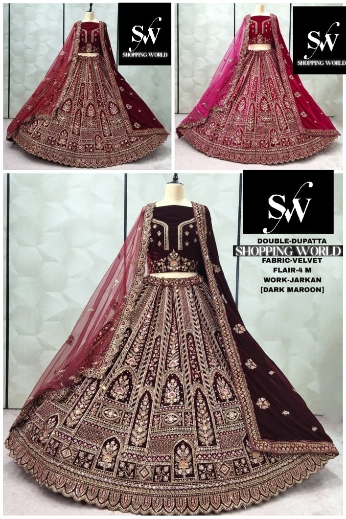Embellished Maroon Dark maroon Rani pink Double Duptta Silk Bridal Lehenga