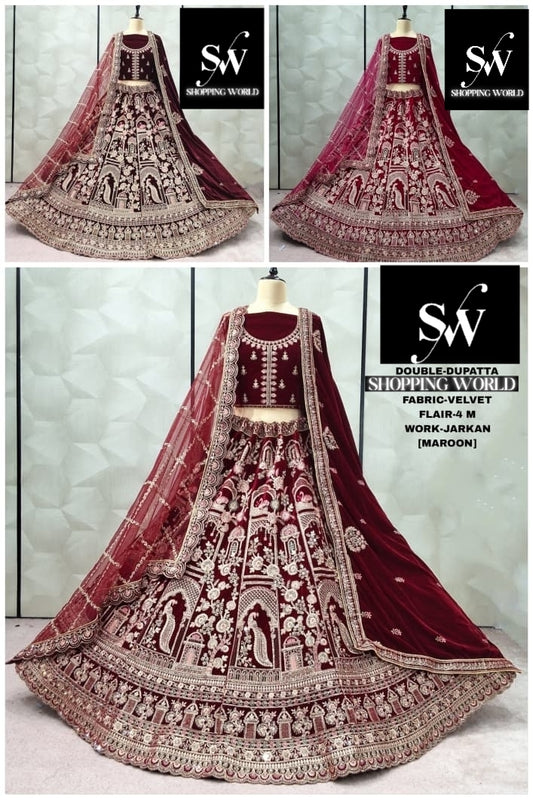 Something different Maroon Dark maroon Red peacock Double Duptta Silk Bridal Lehenga