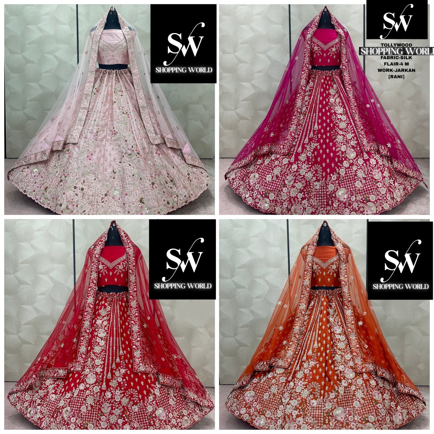 Majestic Red Rani pink Rust Baby pink Double Duptta Silk Bridal Lehenga