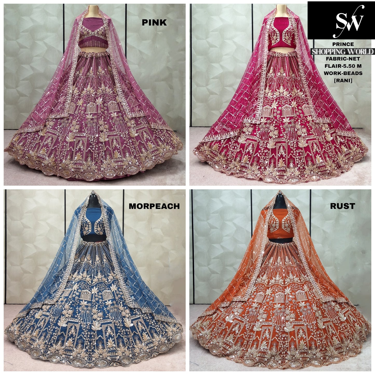 Pretty Morpeach Sky blue pink Rani pink Rust Orange net Lehenga
