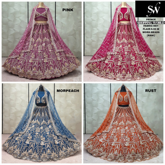 Pretty Morpeach Sky blue pink Rani pink Rust Orange net Lehenga