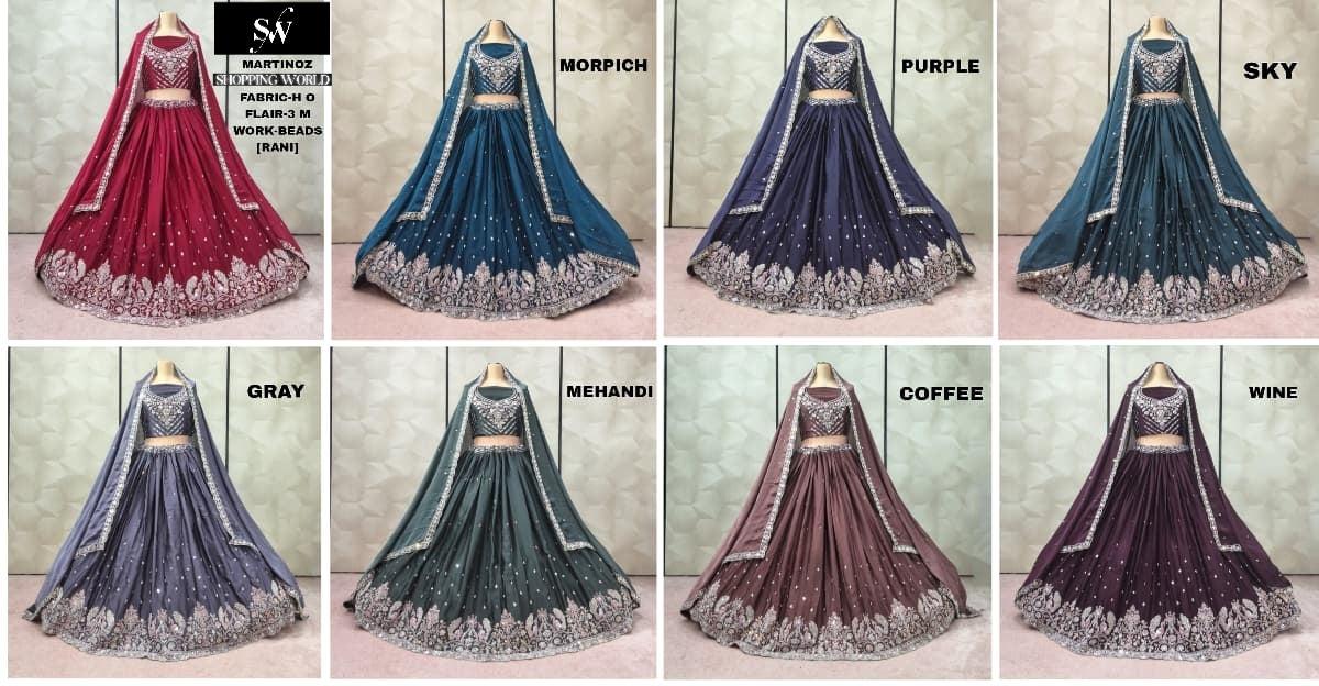 Astonishing Rani pink Morpeach blue Purple Sky blue Grey Mehendi green Coffee Wine Crop Top Lehenga
