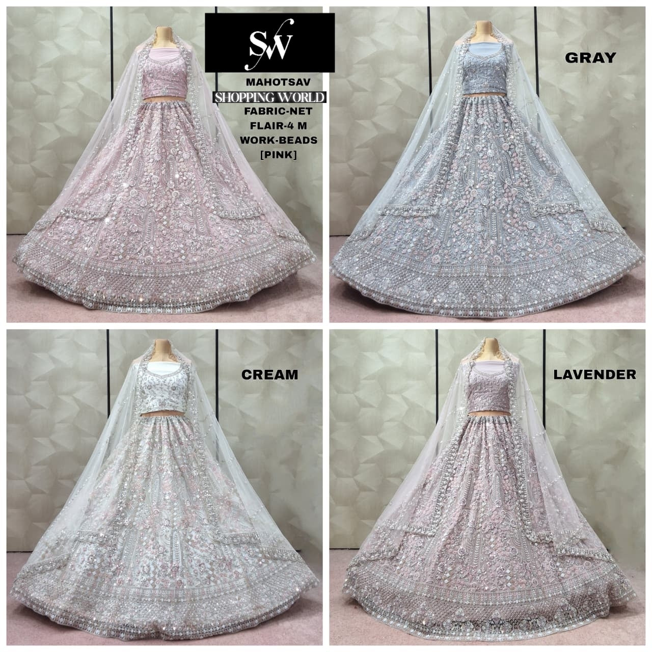 Amazing Grey pink Cream Lavender net lehenga