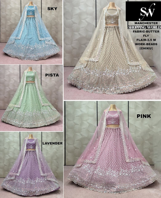 Delightful Sky blue pista green Lavender pink Chiku golden net lehenga