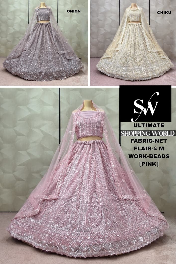 Eye catching Pink Chiku golden Onion pink net lehenga