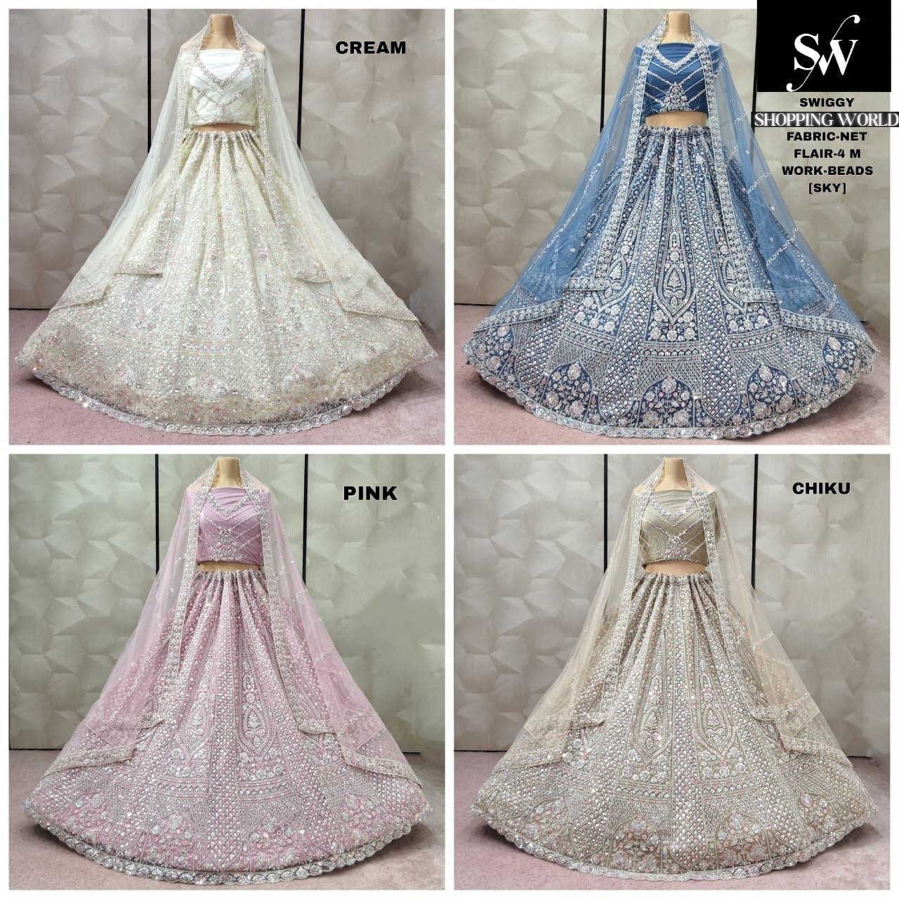 Majestic Off white Cream Pink Chiku Sky blue net lehenga