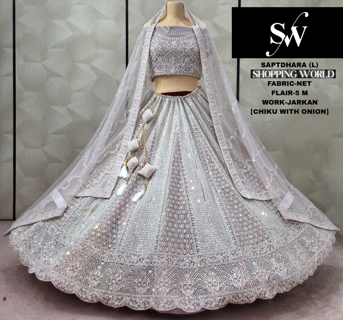 Delightful white Chiku onion pink Net Lehenga