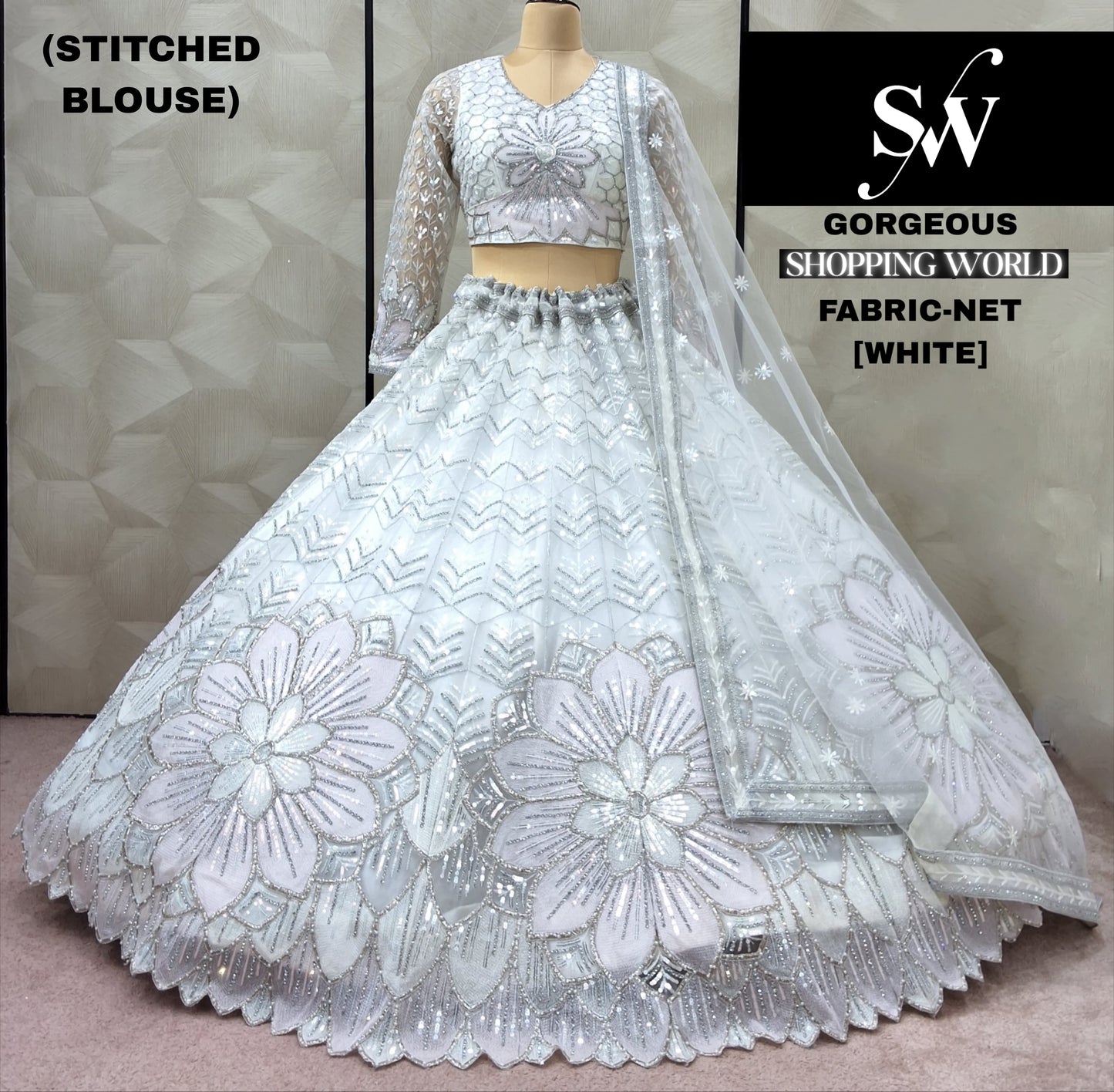 Lovely pista green Flower Net Crop Top Lehenga