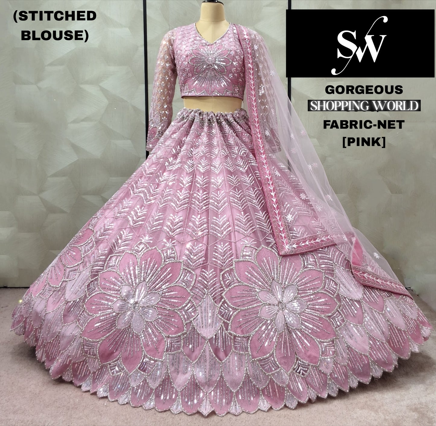 Lovely pista green Flower Net Crop Top Lehenga