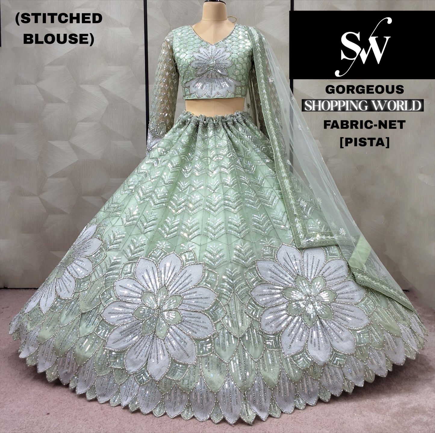 Lovely pista green Flower Net Crop Top Lehenga