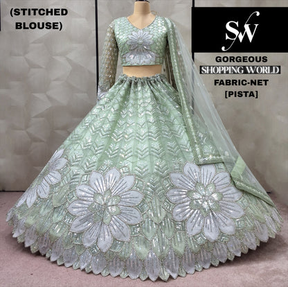 Lovely pista green Flower Net Crop Top Lehenga