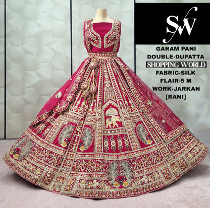 Engaging Rani pink Silk Double Duptta peacock Bridal Lehenga