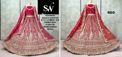 Embellished Red Rani pink Silk Double Duptta peacock Bridal Lehenga