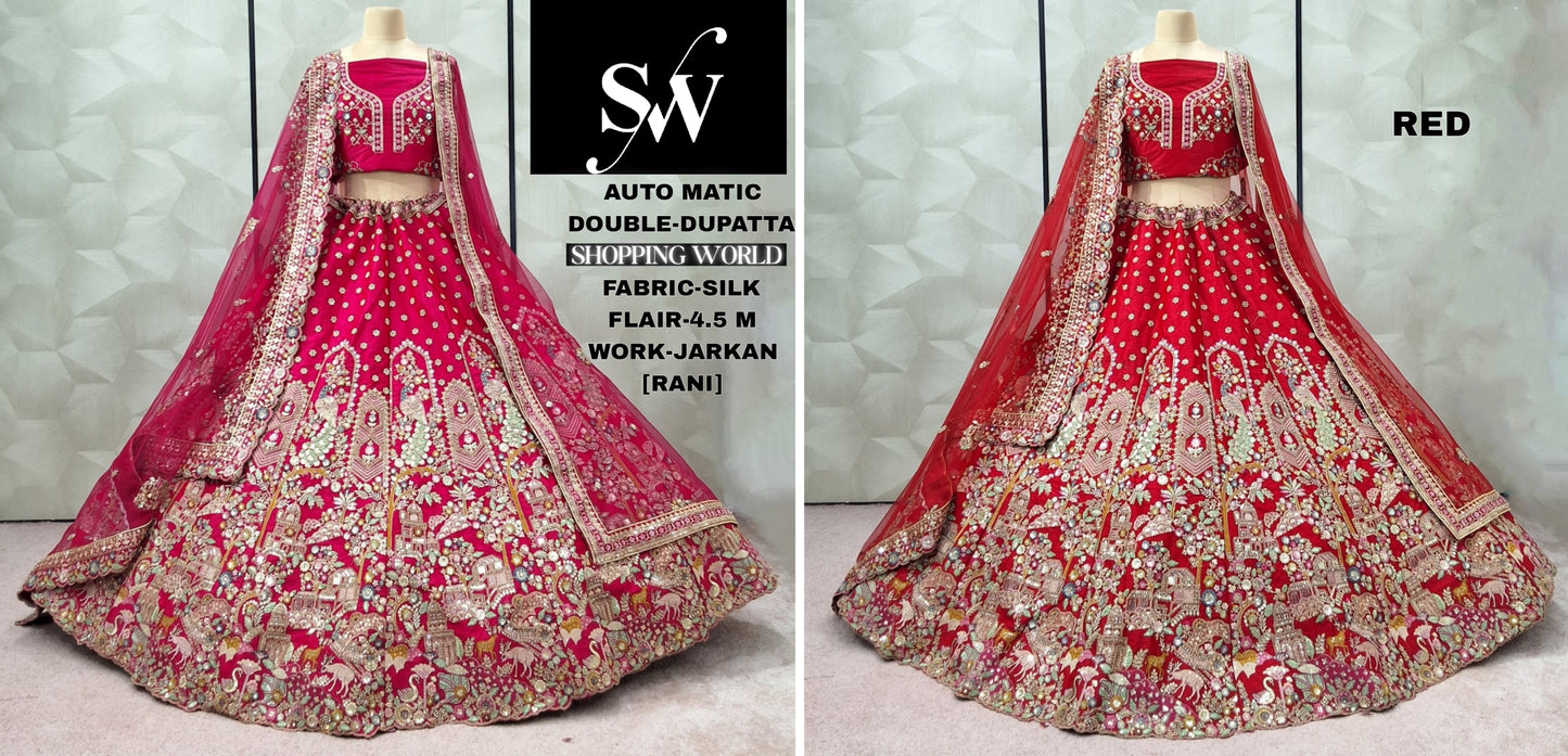 Delightful Red Rani pink Silk Double Duptta peacock Bridal Lehenga