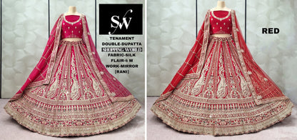 Embellished Red Rani pink Silk Double Duptta peacock Bridal Lehenga