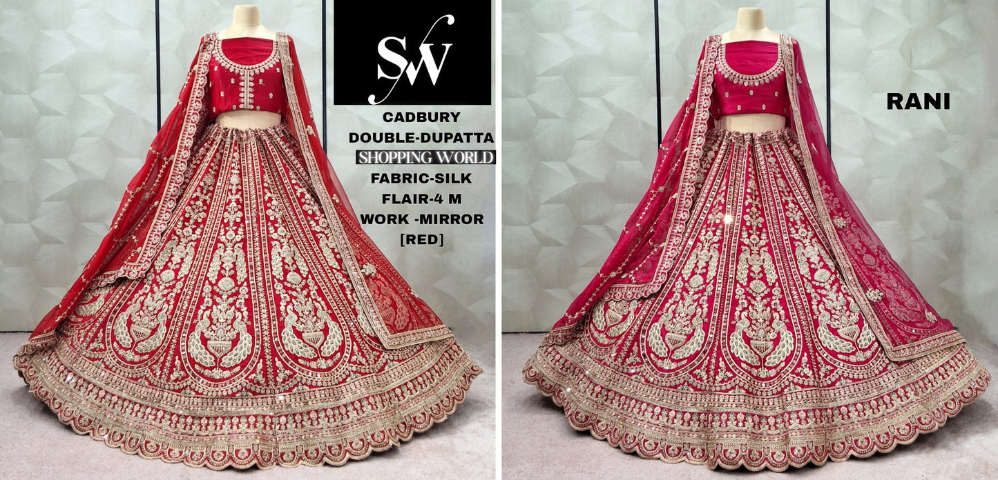 Eye Catching Rani pink Red Silk Double Duptta peacock Bridal Lehenga