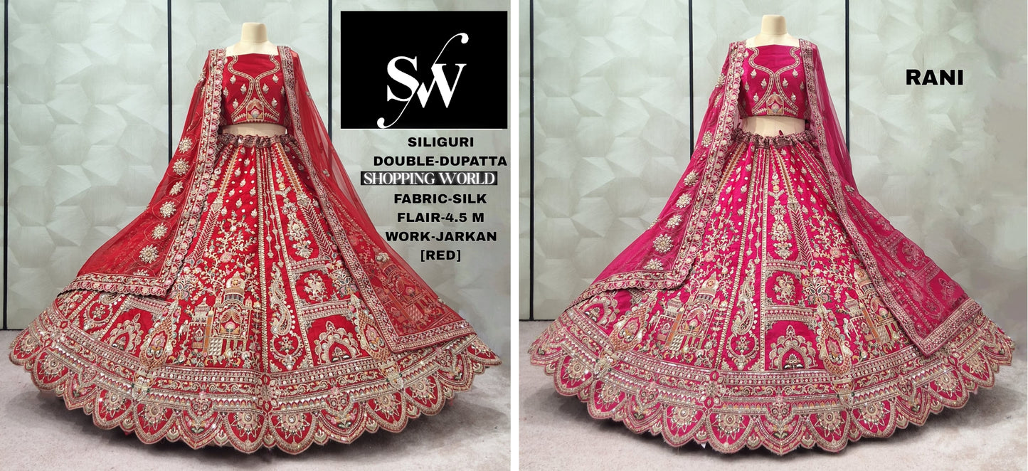 Charming Rani pink Red Silk Double Duptta Bridal Lehenga