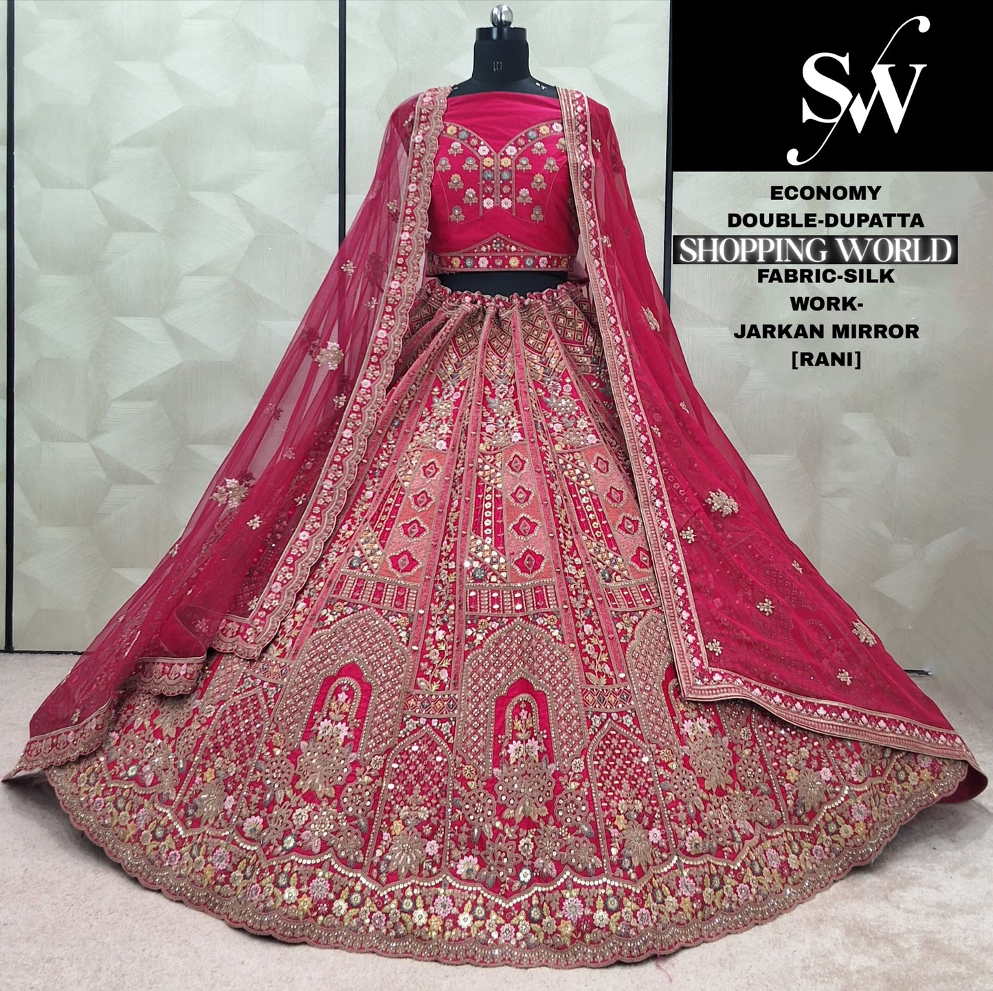 Attractive Red Rani pink Silk Double Duptta Bridal Lehenga