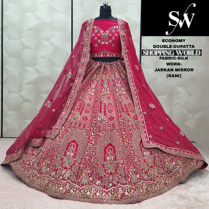 Attractive Red Rani pink Silk Double Duptta Bridal Lehenga