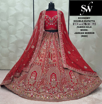 Attractive Red Rani pink Silk Double Duptta Bridal Lehenga