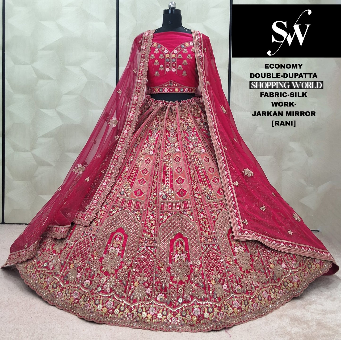 Attractive Red Rani pink Silk Double Duptta Bridal Lehenga