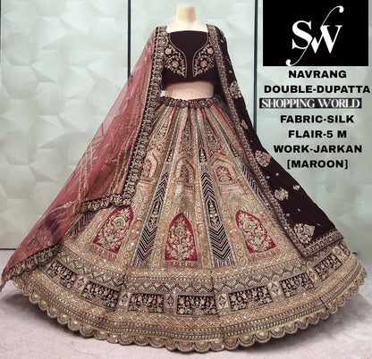 Engaging Dark maroon Double Duptta Velvet Bridal Lehenga