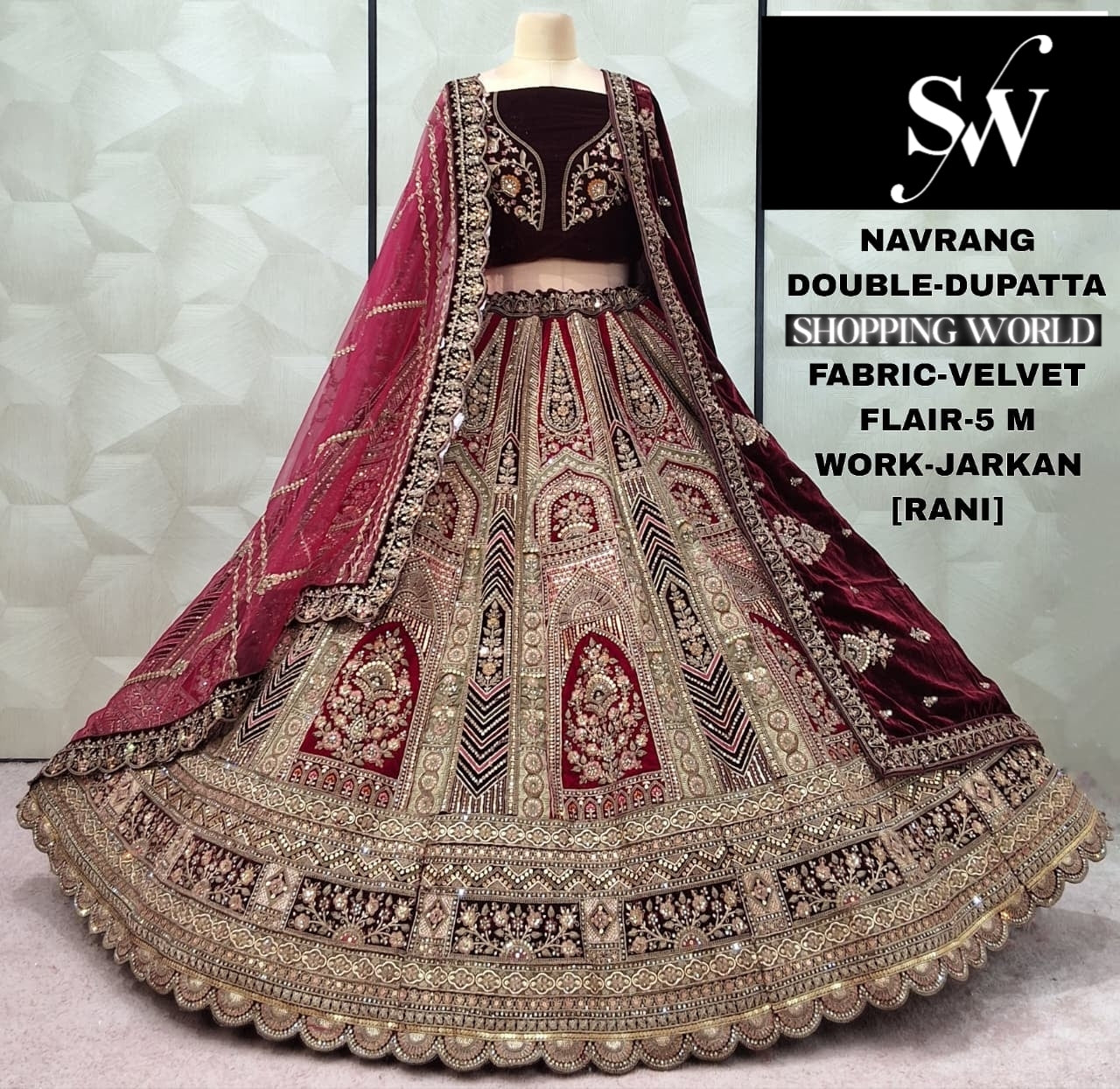 Engaging Dark maroon Double Duptta Velvet Bridal Lehenga