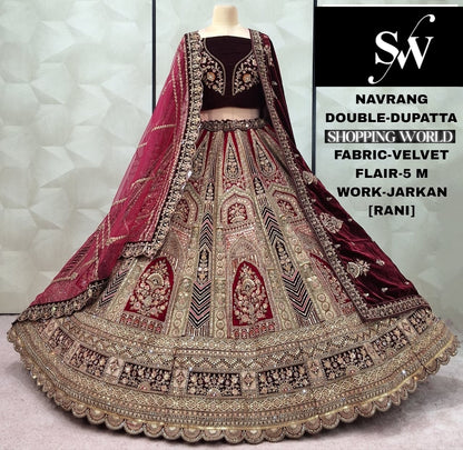 Engaging Dark maroon Double Duptta Velvet Bridal Lehenga