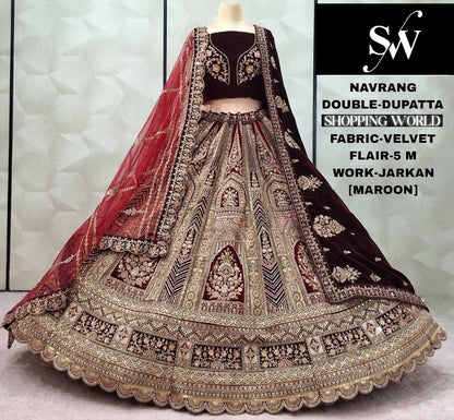Engaging Dark maroon Double Duptta Velvet Bridal Lehenga